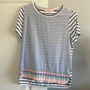 Vilagallo Blue & White Striped Embroidered Short Sleeve Top